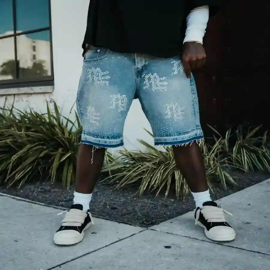 'ME' Rhinestone Denim Shorts3.webp