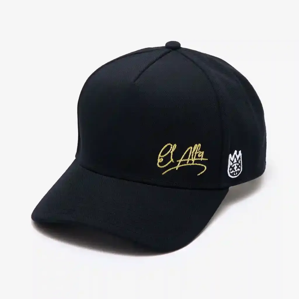 CULT X EL ALFA GOLD SIGNATURE 5 PANEL A FRAME TRUCKER HAT 2.webp