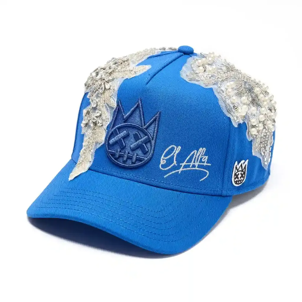 CULT X EL ALFA LUREX EMB LOGO 5 PANEL A FRAME TRUCKER HAT 2.webp